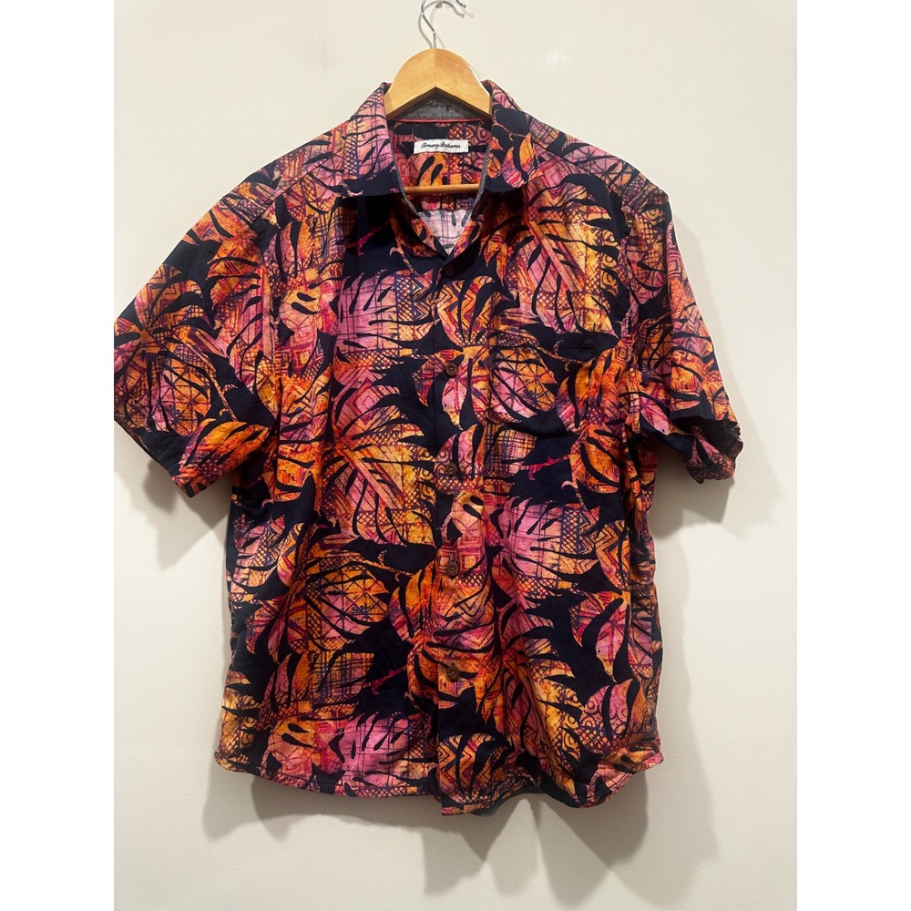 Tommy Bahama Mens Large Tropical Leaf Silk Blend Button Down Shirt Orange Pink